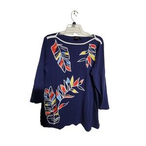 RAFAELLA embroidered tunic 3/4 sleeve mediterranean blue 100% Women Blouse Sz Lg
